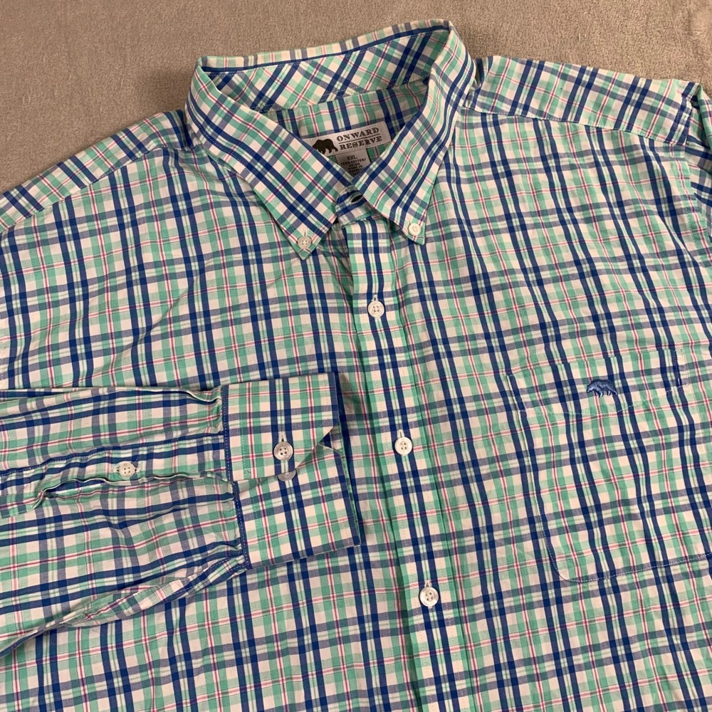 Onward Reserve Button Down Shirt Mens XXL Blue Green Plaid Long Sleeve Cotton